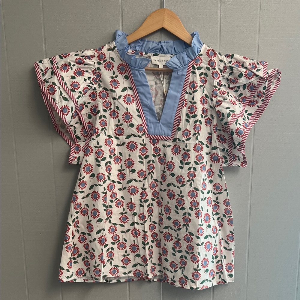 Entro Floral Blouse with Blue and Red Accents